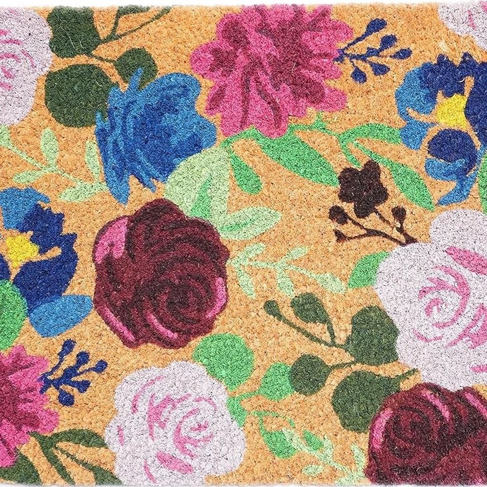 24" X 36" Natural Pink and Green Coir Floral Outdoor Door Mat