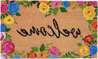 24" X 36" Natural and Black Coir Floral Welcome Outdoor Door Mat
