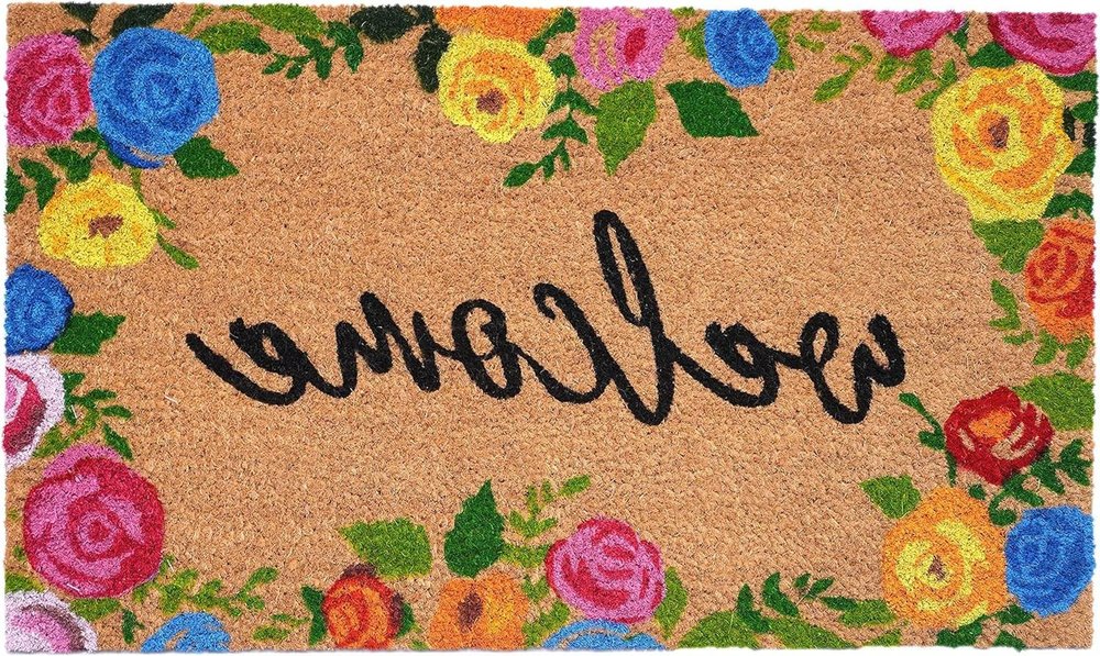 24" X 36" Natural and Black Coir Floral Welcome Outdoor Door Mat