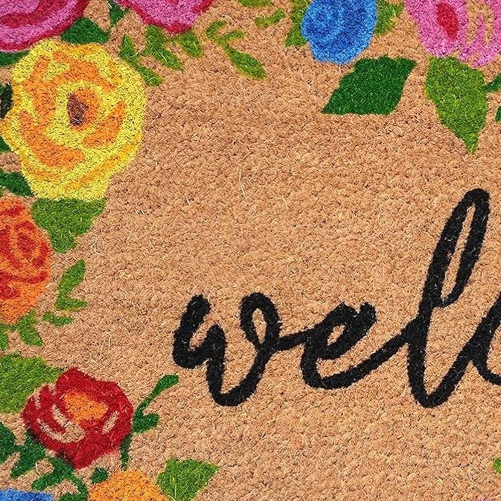 24" X 36" Natural and Black Coir Floral Welcome Outdoor Door Mat
