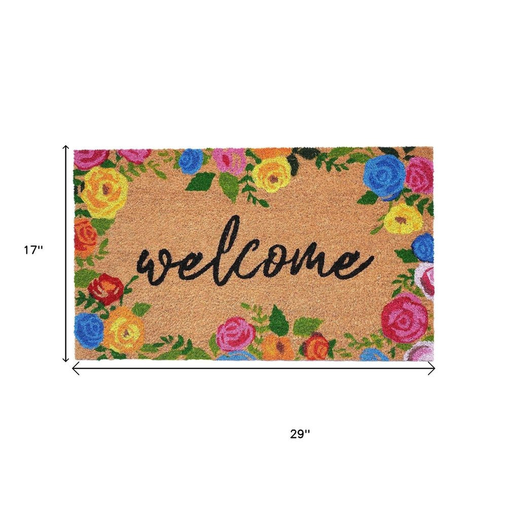 24" X 36" Natural and Black Coir Floral Welcome Outdoor Door Mat