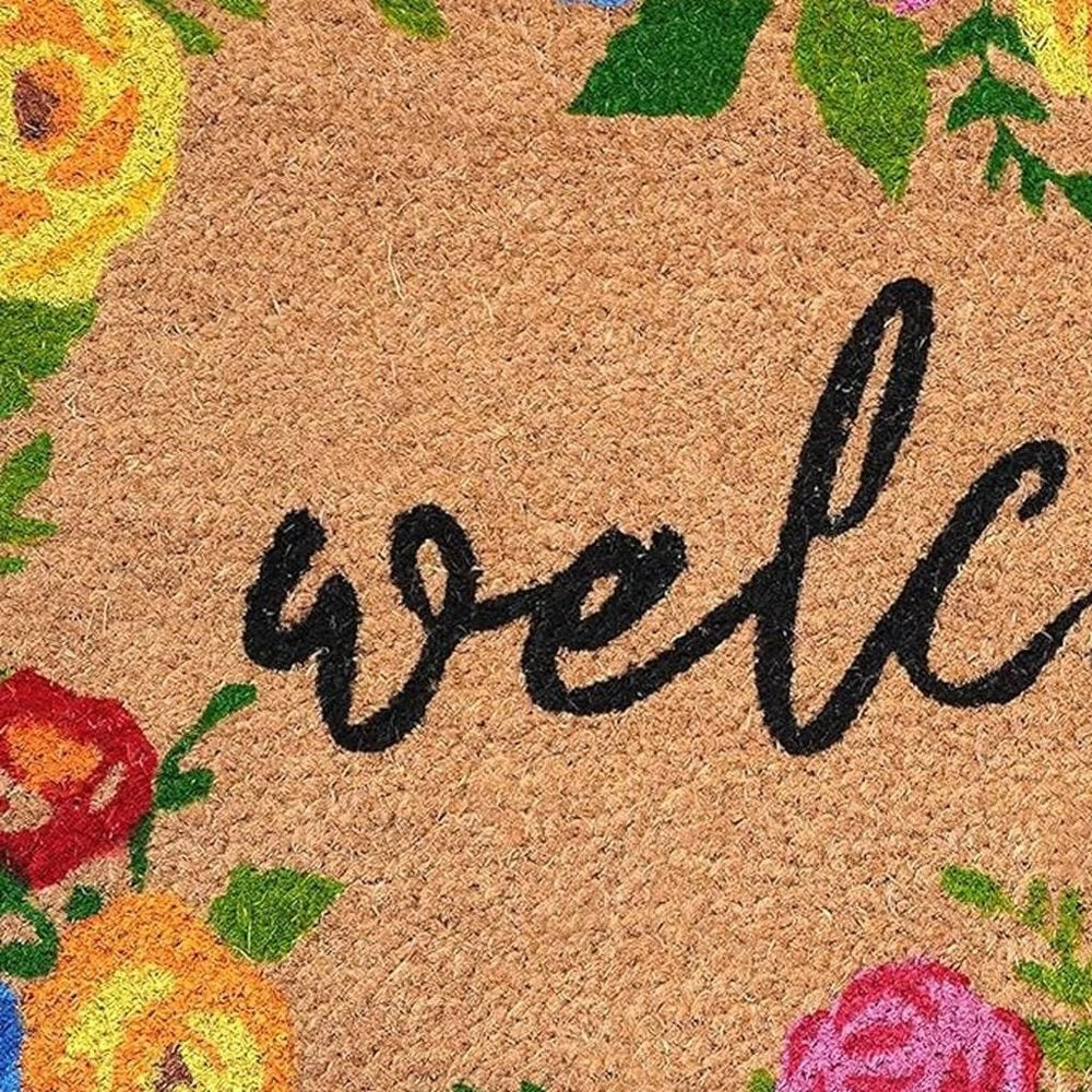 24" X 36" Natural and Black Coir Floral Welcome Outdoor Door Mat
