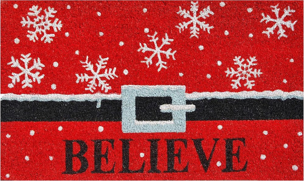 17" X 29" Red Black and White Coir Snowflake Believe Outdoor Christmas Door Mat