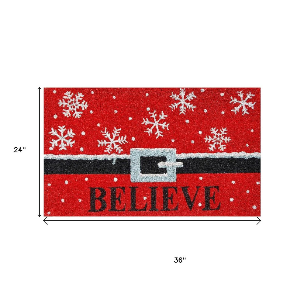 17" X 29" Red Black and White Coir Snowflake Believe Outdoor Christmas Door Mat