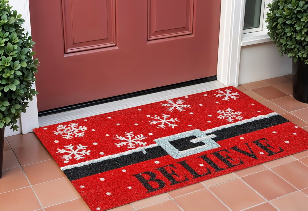 17" X 29" Red Black and White Coir Snowflake Believe Outdoor Christmas Door Mat