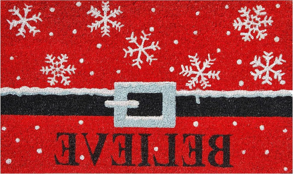 17" X 29" Red Black and White Coir Snowflake Believe Outdoor Christmas Door Mat
