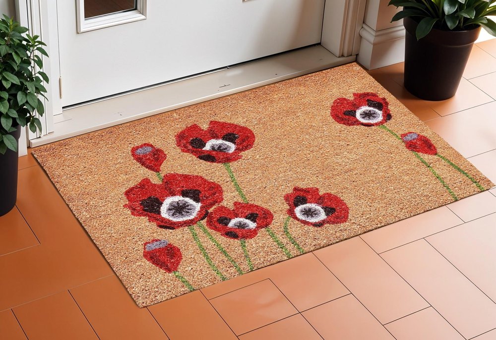 17" X 29" Natural Red and Black Coir Floral Outdoor Door Mat
