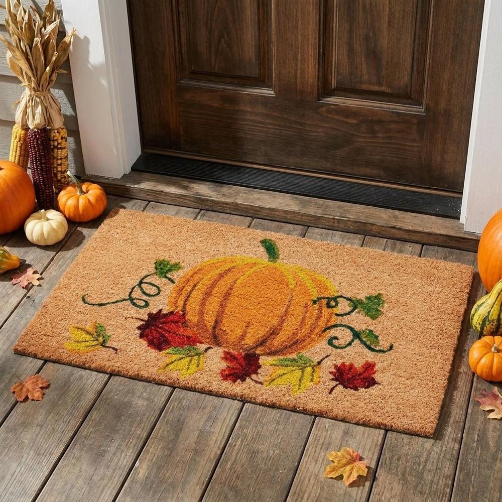 17" X 29" Natural And Orange Pumpkin Outdoor Coir Door Mat