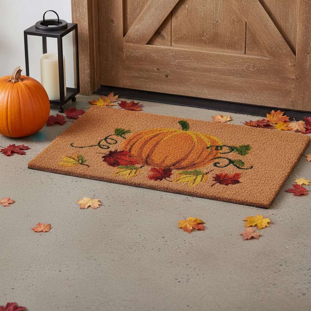 17" X 29" Natural And Orange Pumpkin Outdoor Coir Door Mat