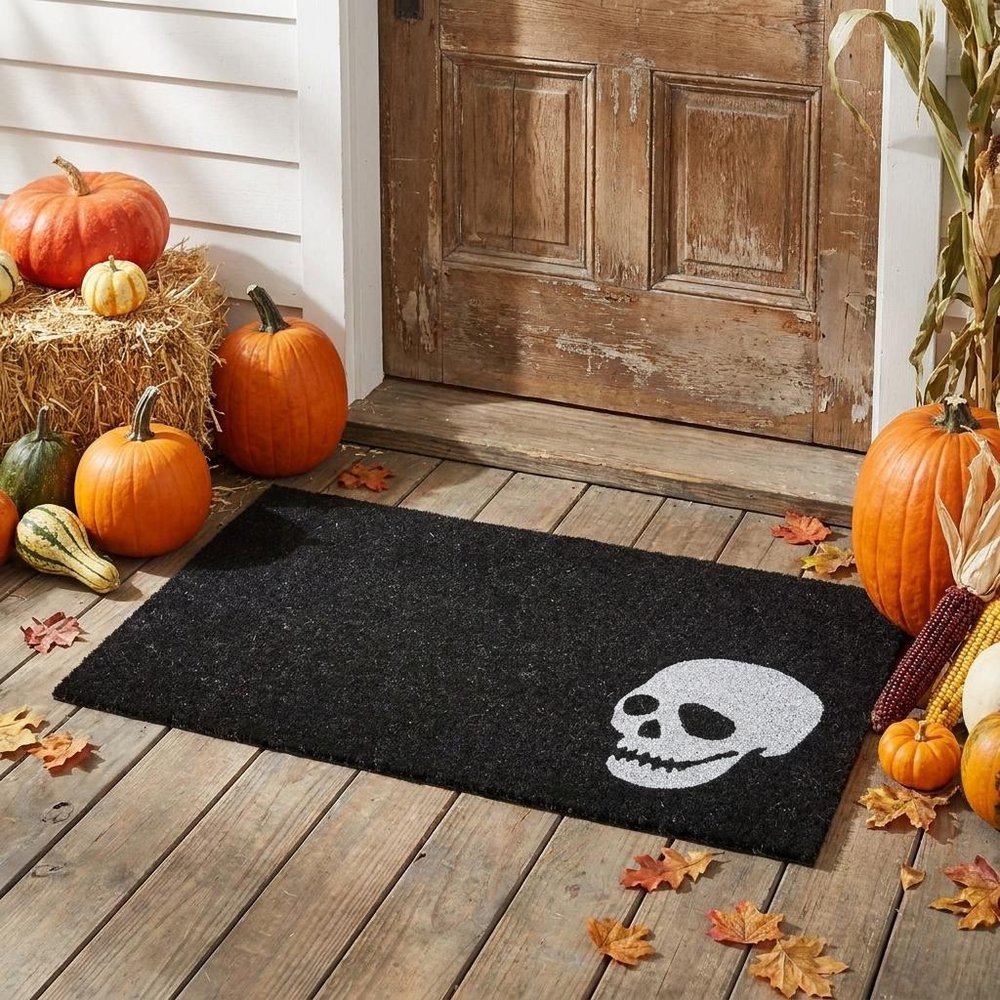 17" X 29" Black and White Coir Skull Outdoor Halloween Door Mat