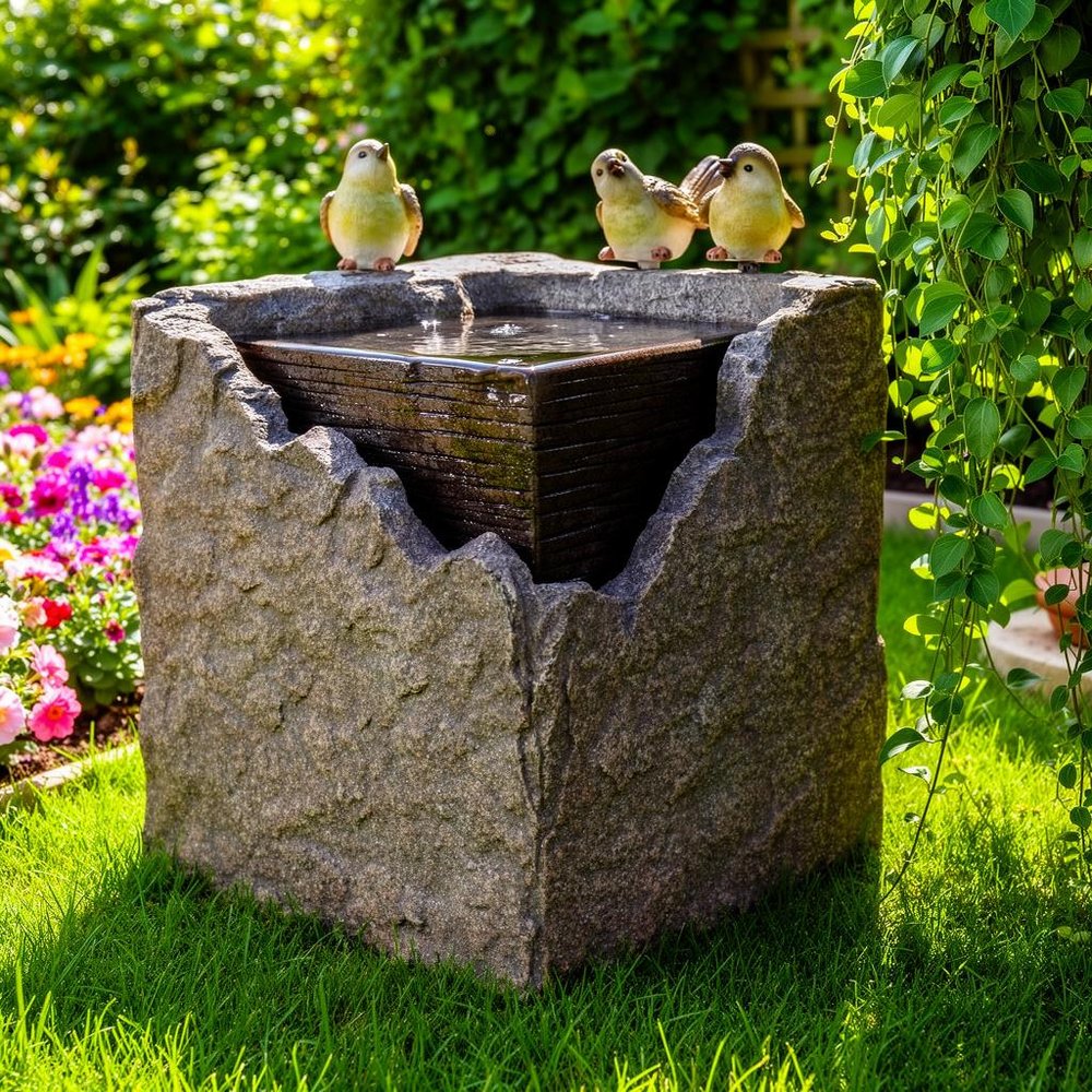 19" Gray Stone LED lights Birds Garden Art