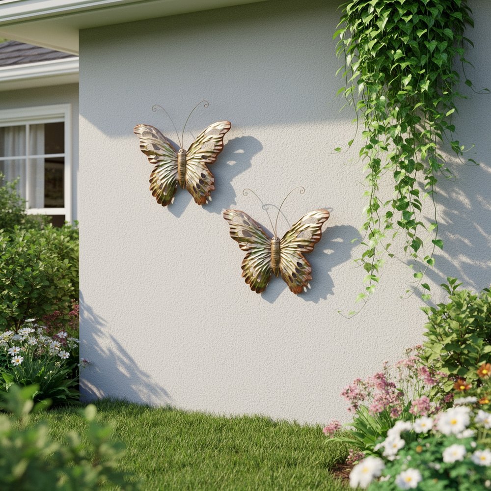 Set of Two Gold And Silver Metal Insect Garden Art