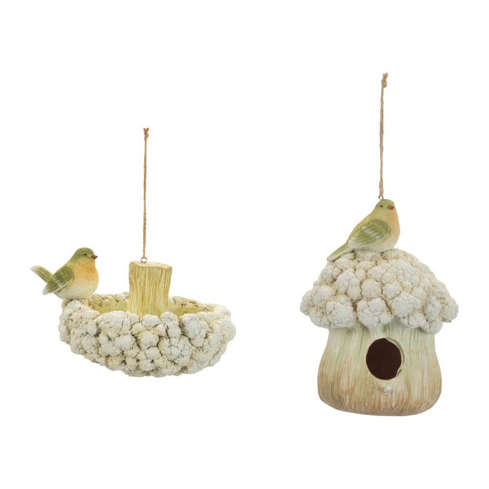 Set of Two Beige And Green Ceramic Birds Garden Art