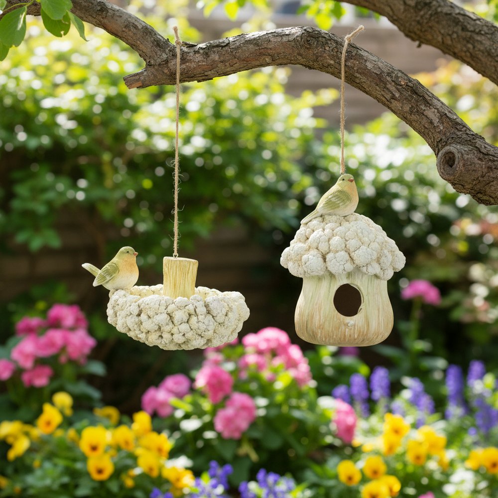 Set of Two Beige And Green Ceramic Birds Garden Art