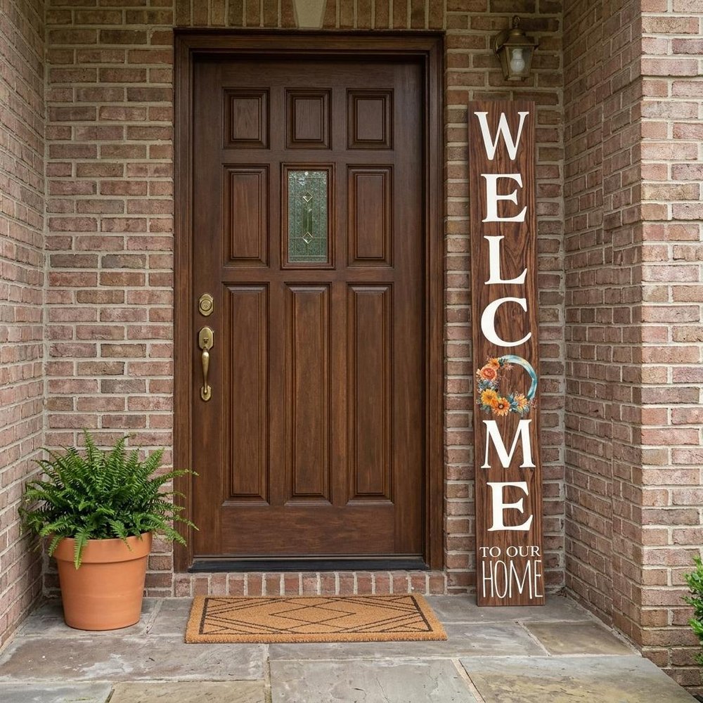 72" Brown And White Solid Wood Welcome To Our Home Porch Sign