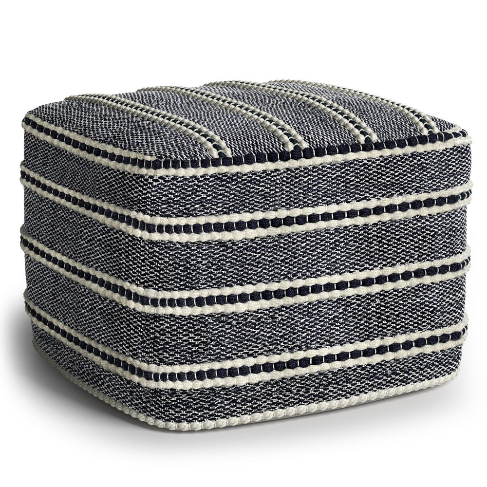 18" Navy Blue And White Polyester Outdoor Pouf Ottoman
