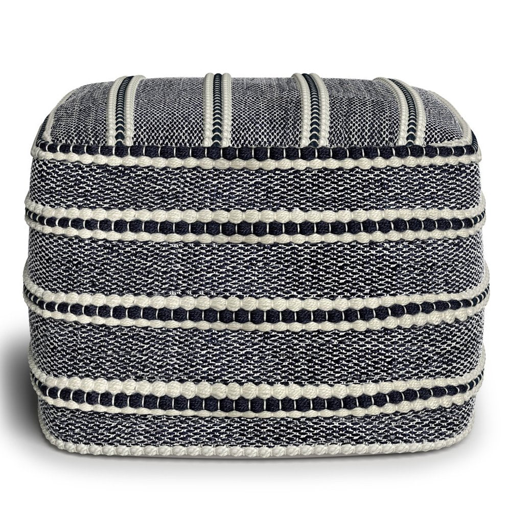 18" Navy Blue And White Polyester Outdoor Pouf Ottoman