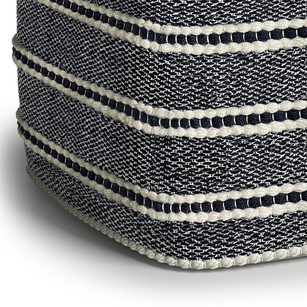 18" Navy Blue And White Polyester Outdoor Pouf Ottoman