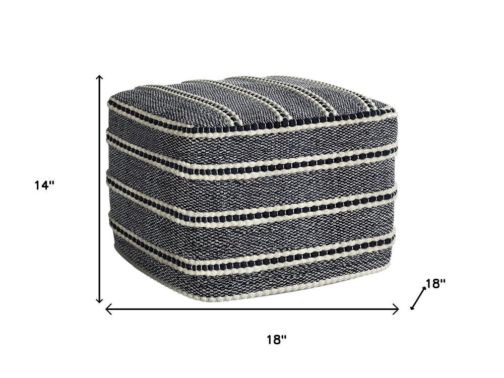 18" Navy Blue And White Polyester Outdoor Pouf Ottoman