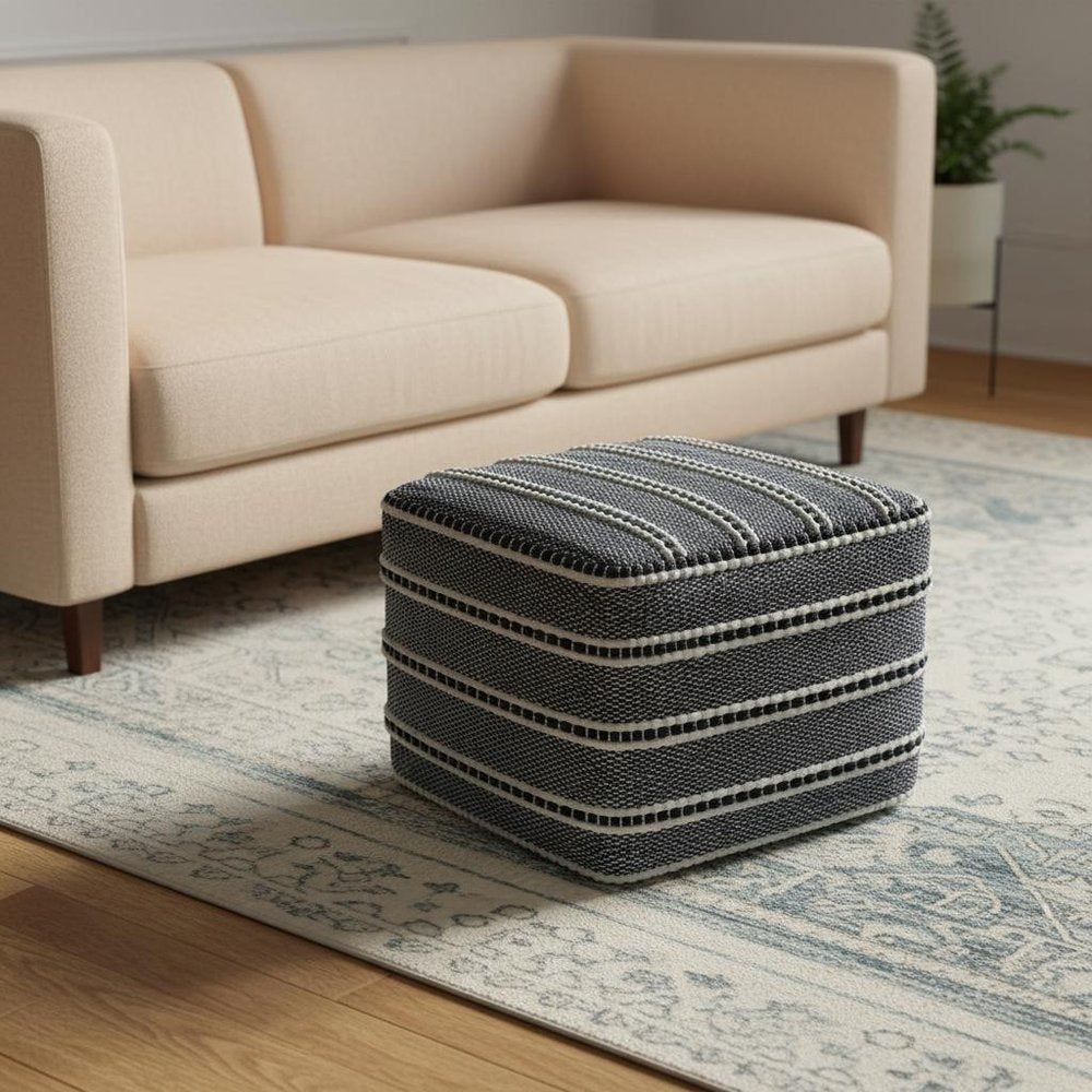 18" Navy Blue And White Polyester Outdoor Pouf Ottoman