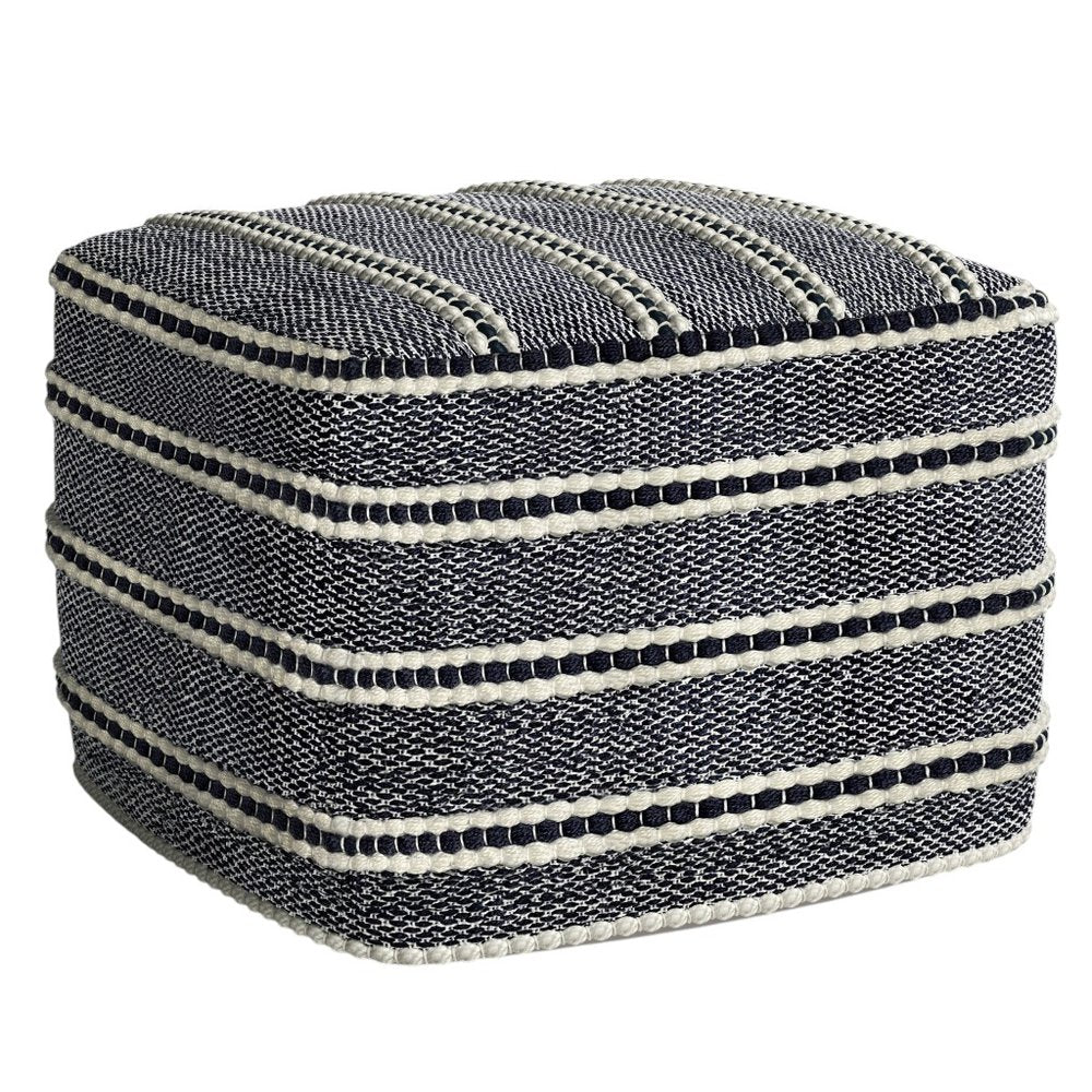 18" Navy Blue And White Polyester Outdoor Pouf Ottoman