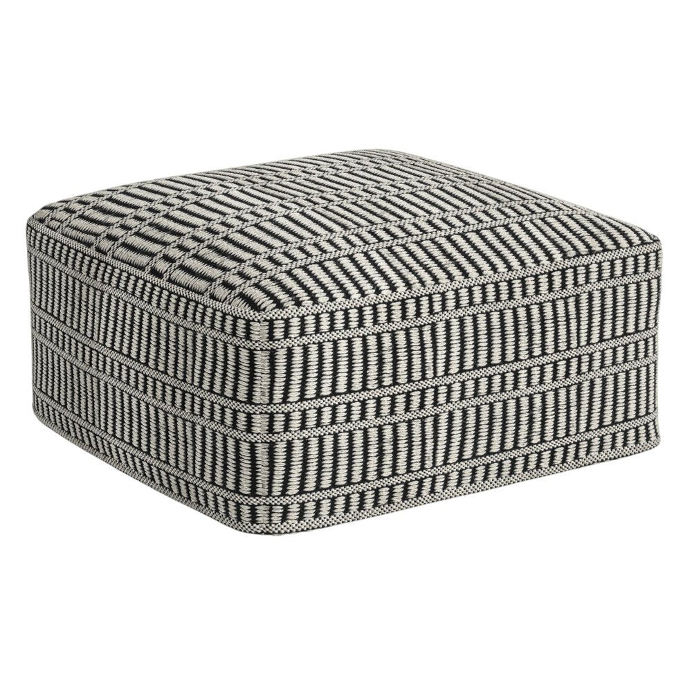 20" Black And White Polyester Geometric Outdoor Pouf Ottoman