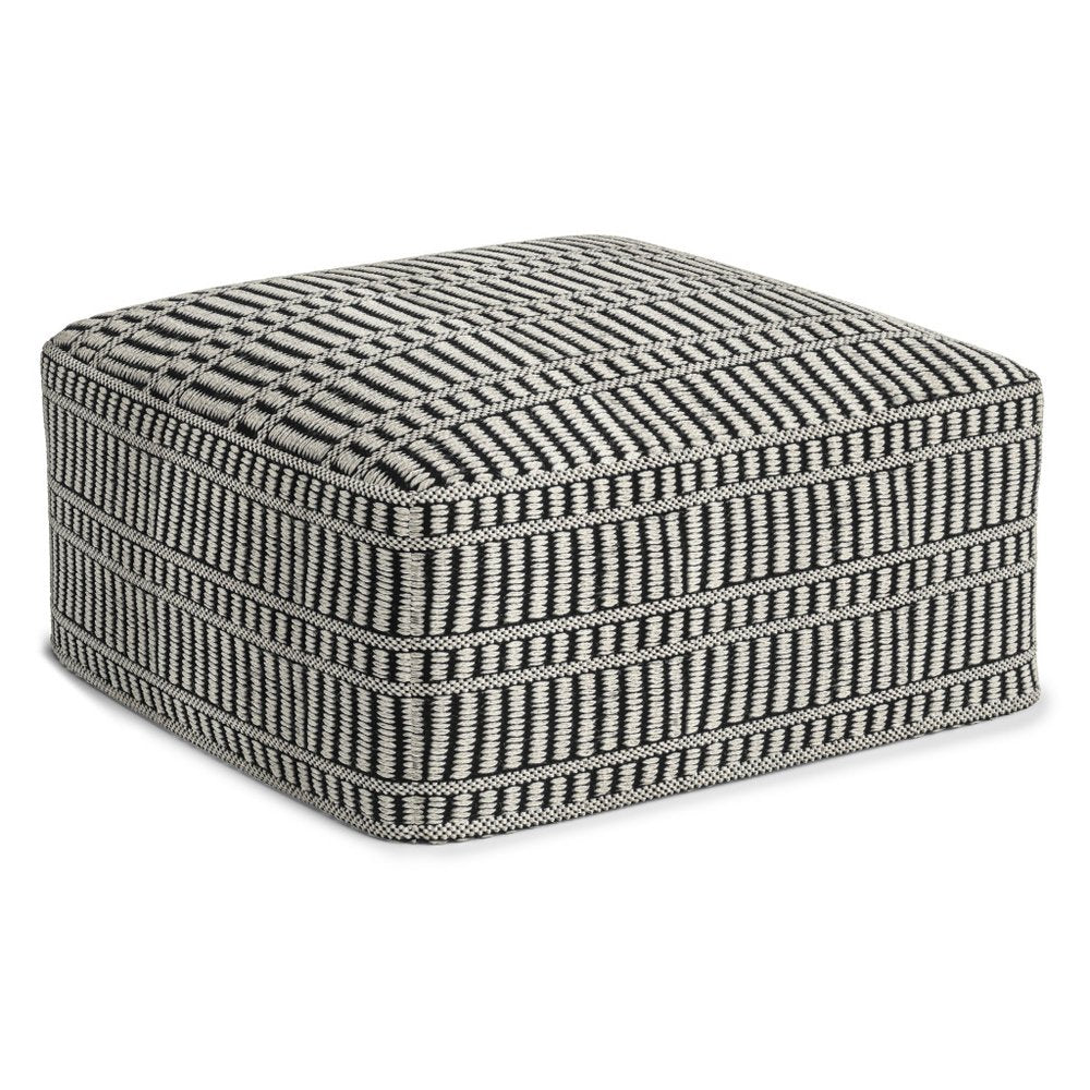 20" Black And White Polyester Geometric Outdoor Pouf Ottoman