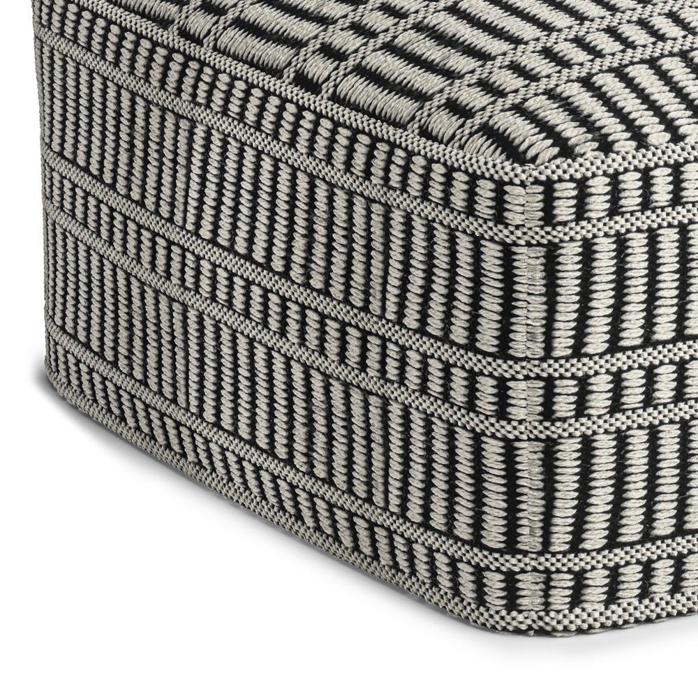 20" Black And White Polyester Geometric Outdoor Pouf Ottoman