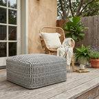 20" Black And White Polyester Geometric Outdoor Pouf Ottoman