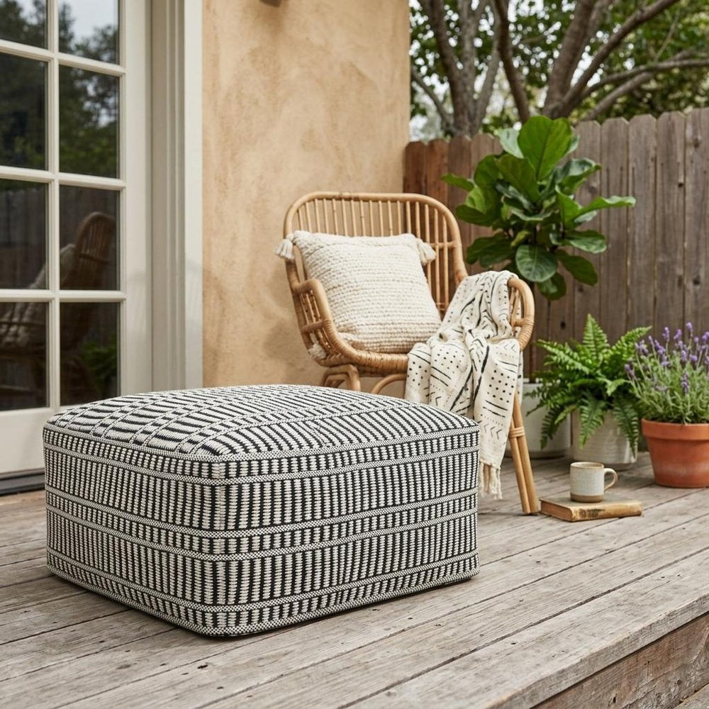 20" Black And White Polyester Geometric Outdoor Pouf Ottoman