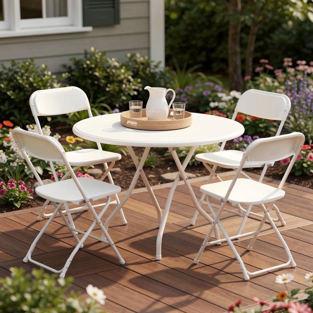 Set of Four White Metal Outdoor Folding Stacking Dining Chairs
