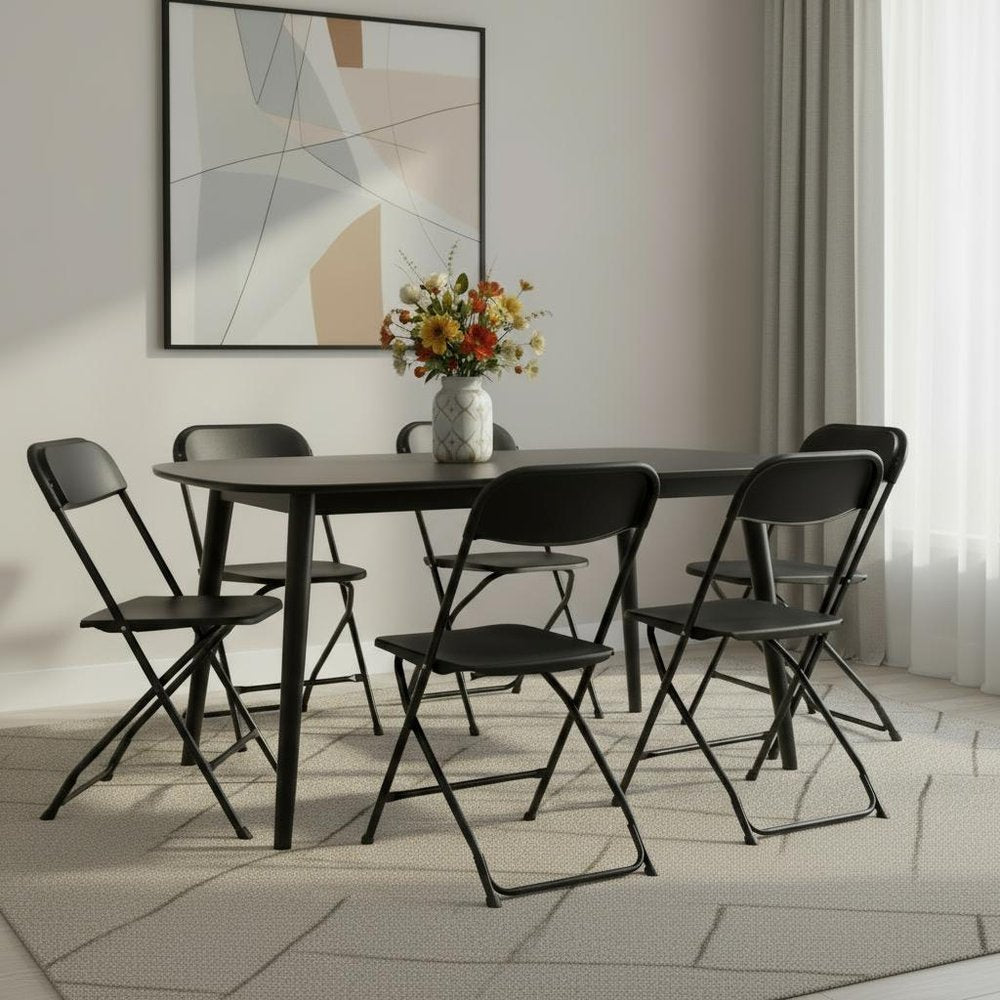 Set of Six Black Metal Outdoor Folding Stacking Dining Chairs
