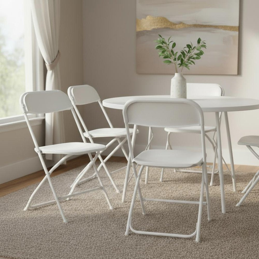 Set of Six White Metal Outdoor Folding Stacking Dining Chairs