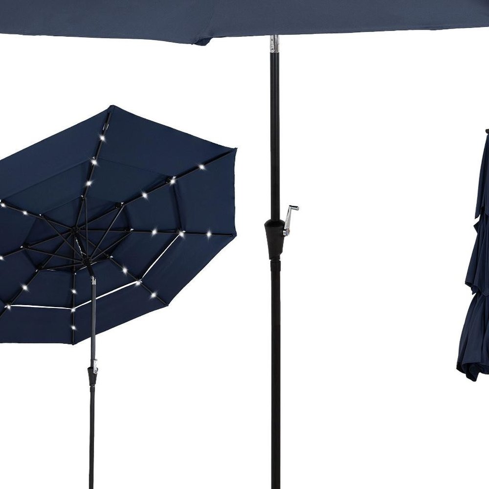 10' Dark Blue Polyester Octagonal Tilt Lighted Market Patio Umbrella