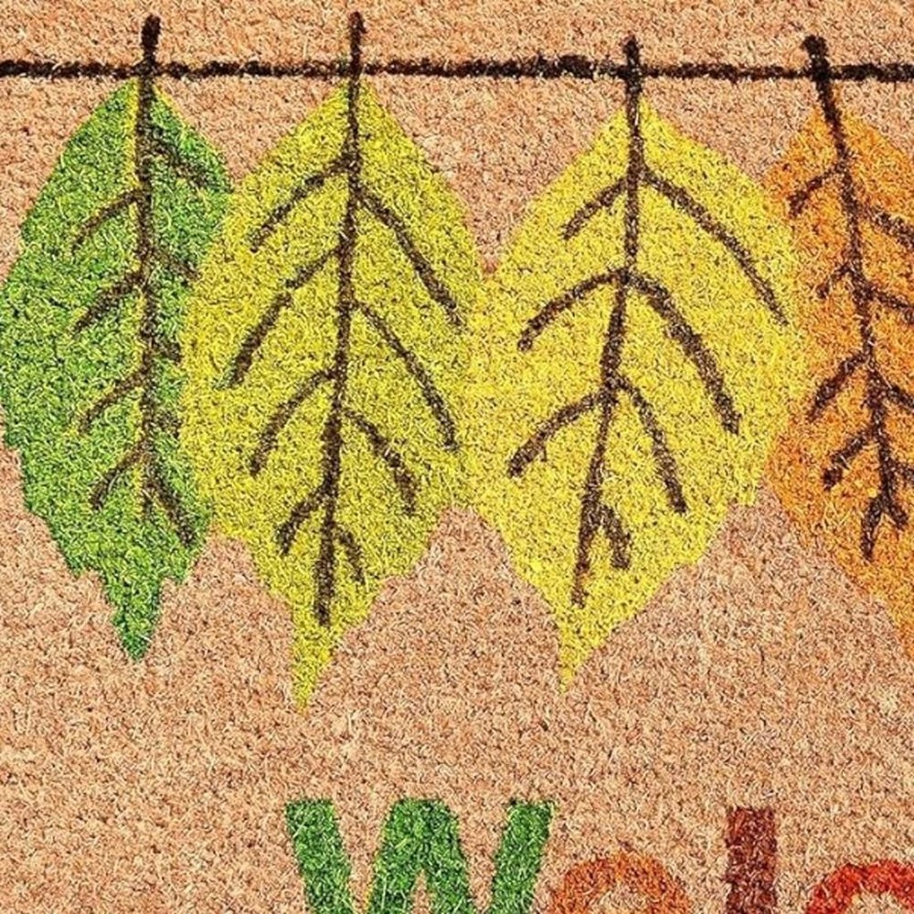 17" X 29" Natural Green And Orange Botanical Leaves Welcome Outdoor Coir Door Mat