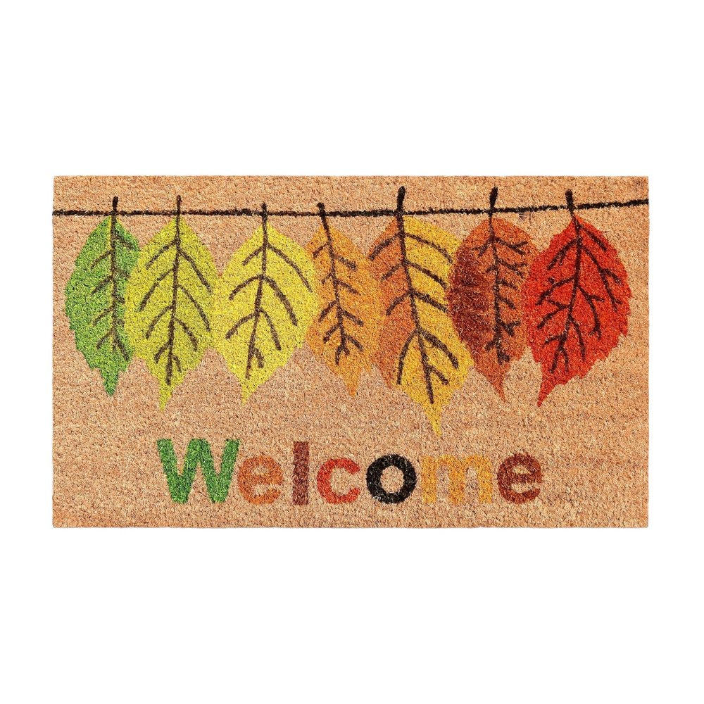 17" X 29" Natural Green And Orange Botanical Leaves Welcome Outdoor Coir Door Mat