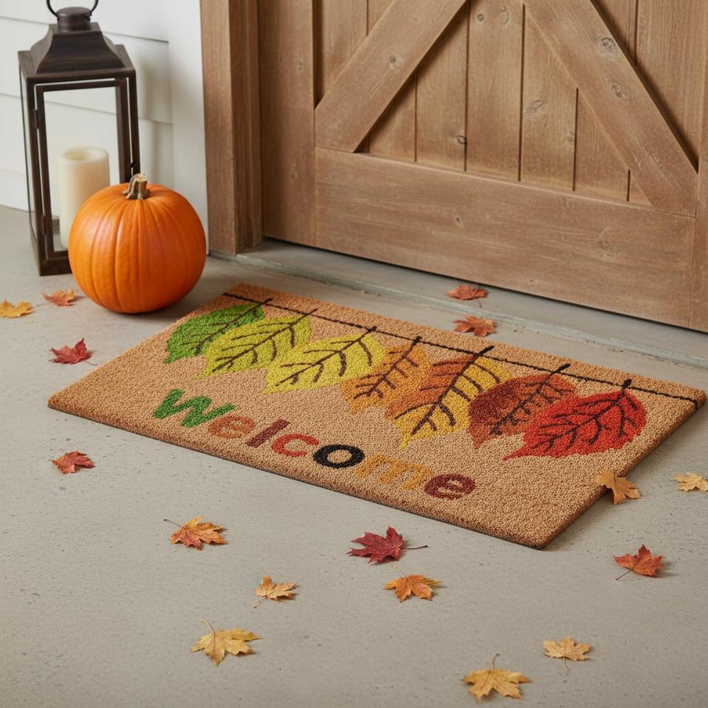 17" X 29" Natural Green And Orange Botanical Leaves Welcome Outdoor Coir Door Mat
