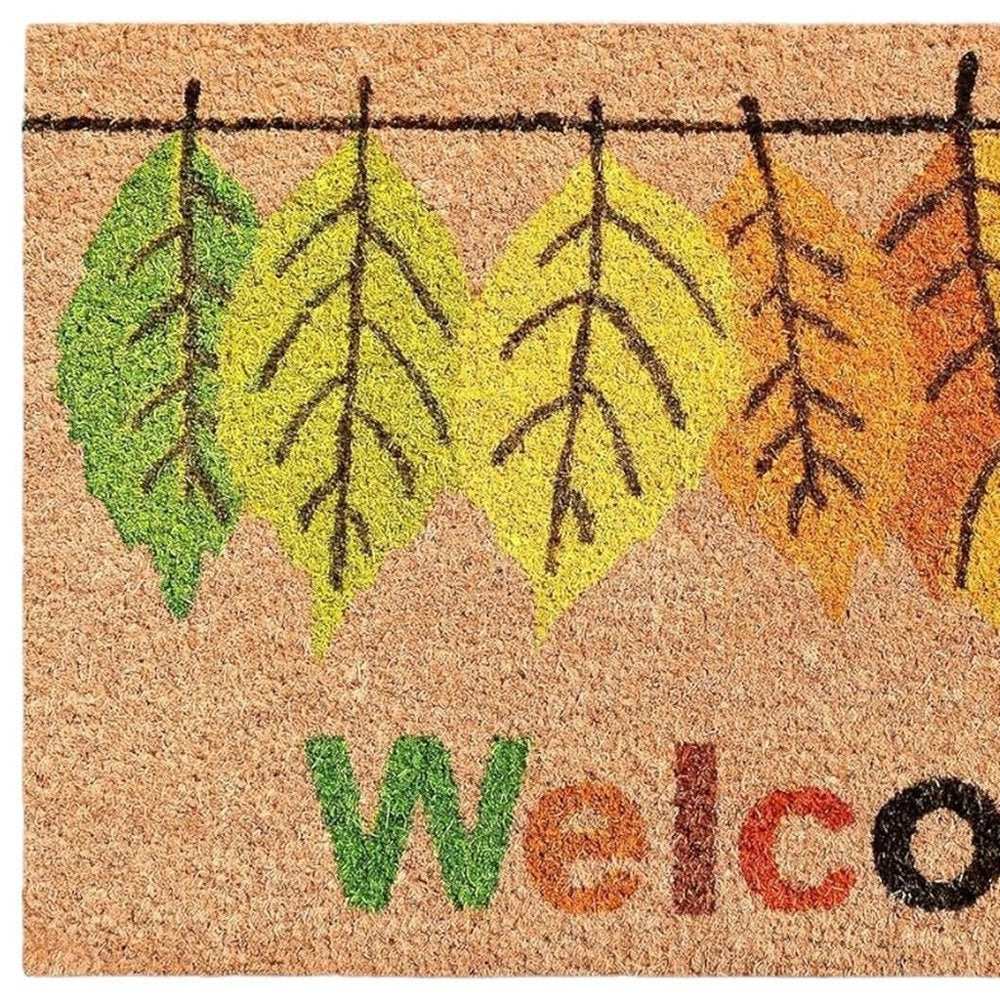 17" X 29" Natural Green And Orange Botanical Leaves Welcome Outdoor Coir Door Mat