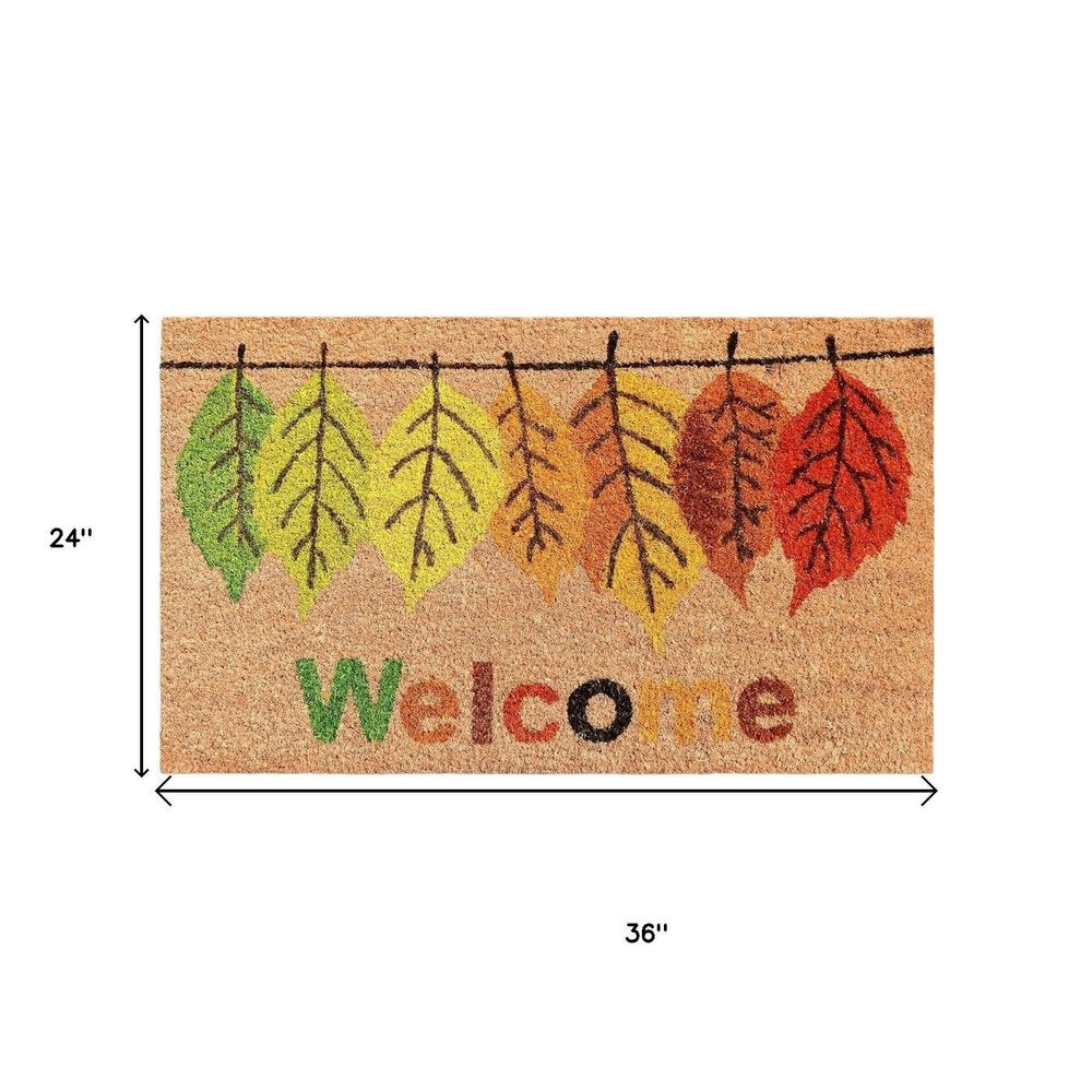 17" X 29" Natural Green And Orange Botanical Leaves Welcome Outdoor Coir Door Mat