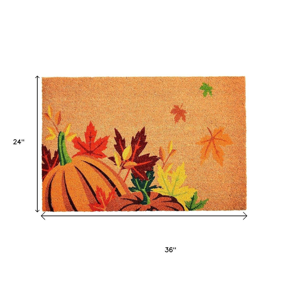 17" X 29" Natural Orange And Green Pumpkins and Leaves Outdoor Coir Door Mat