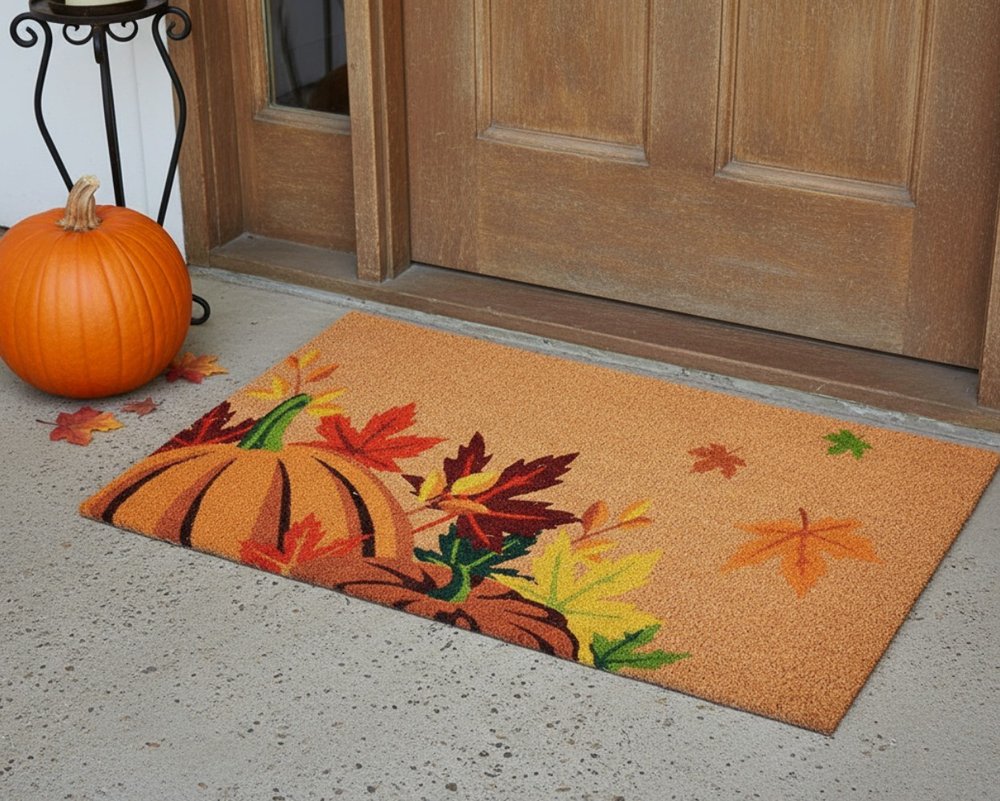 17" X 29" Natural Orange And Green Pumpkins and Leaves Outdoor Coir Door Mat