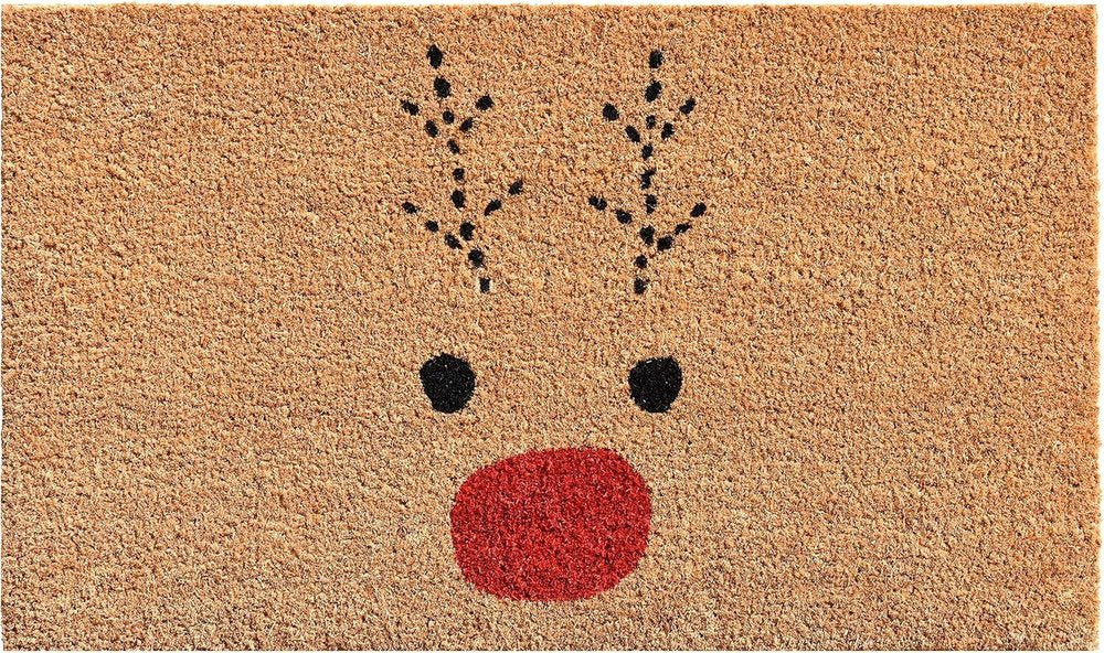 17" X 29" Natural Black and Red Coir Reindeer Outdoor Christmas Door Mat