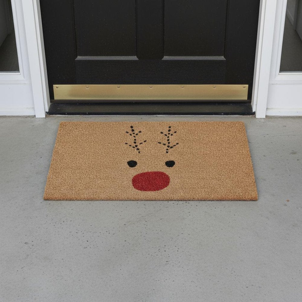 17" X 29" Natural Black and Red Coir Reindeer Outdoor Christmas Door Mat