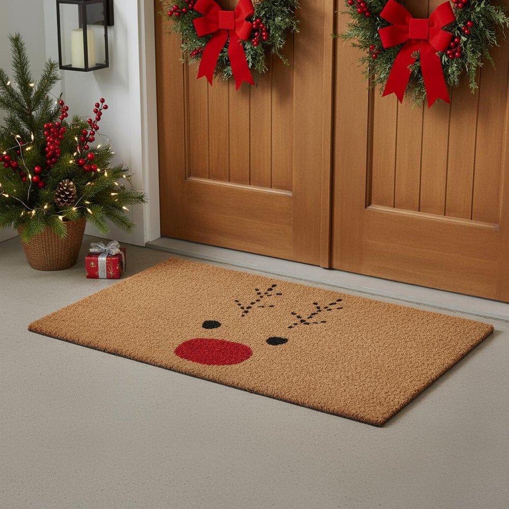 17" X 29" Natural Black and Red Coir Reindeer Outdoor Christmas Door Mat