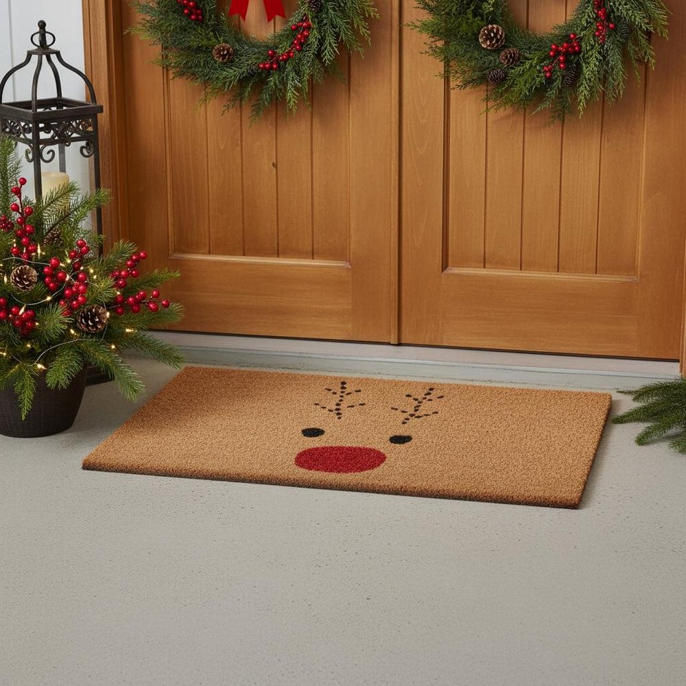 17" X 29" Natural Black and Red Coir Reindeer Outdoor Christmas Door Mat