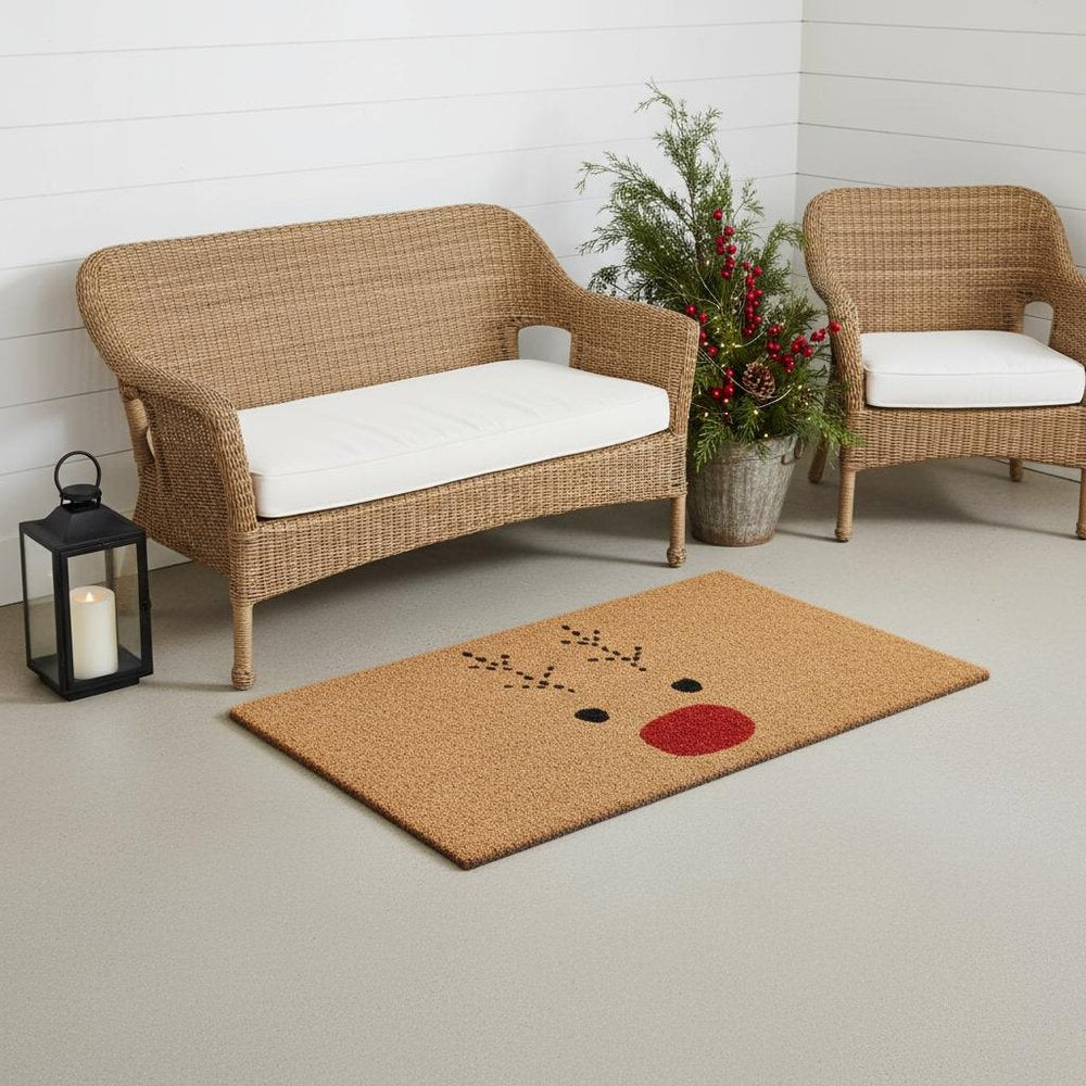 17" X 29" Natural Black and Red Coir Reindeer Outdoor Christmas Door Mat