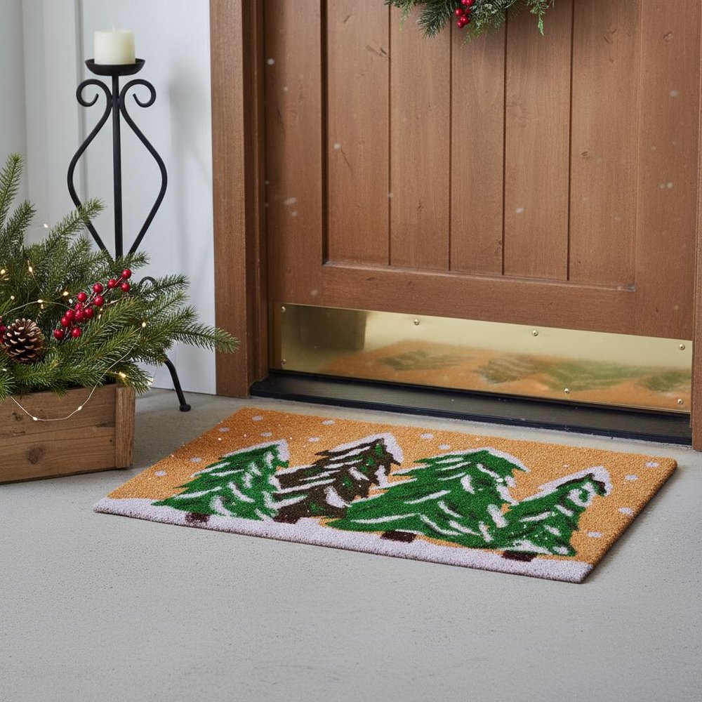 17" X 29" Natural and Green Coir Christmas Trees Outdoor Christmas Door Mat