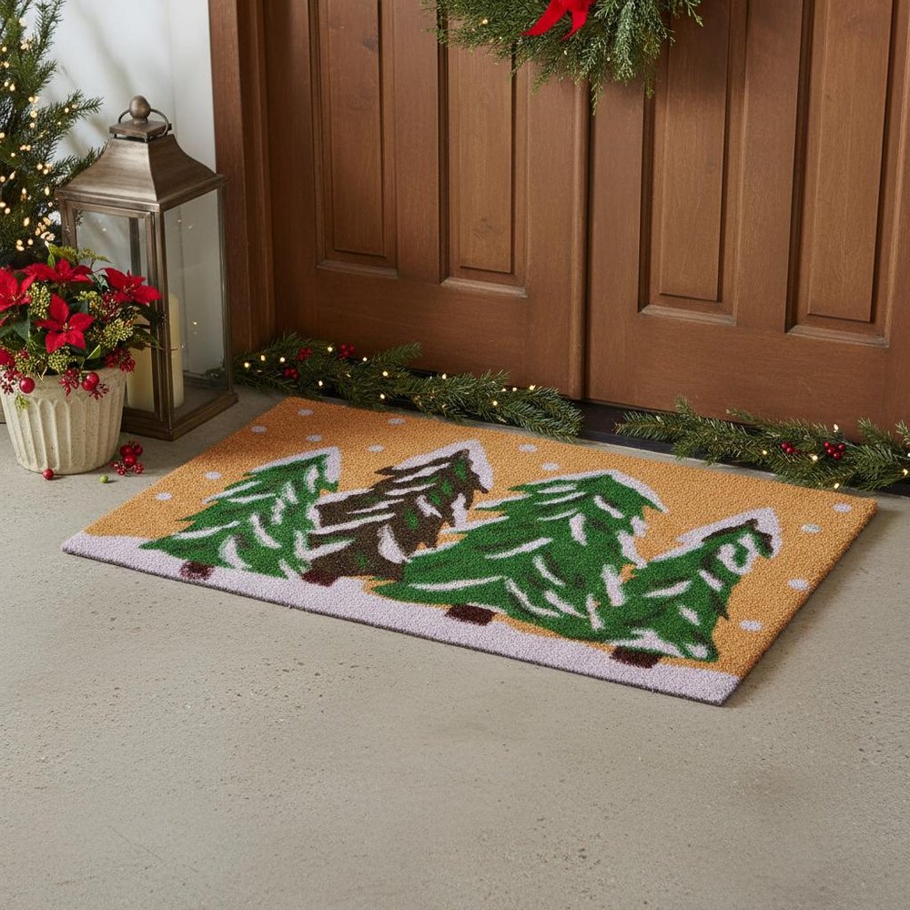 17" X 29" Natural and Green Coir Christmas Trees Outdoor Christmas Door Mat