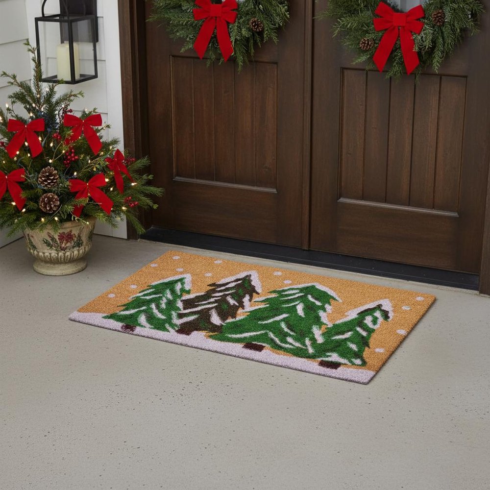 17" X 29" Natural and Green Coir Christmas Trees Outdoor Christmas Door Mat