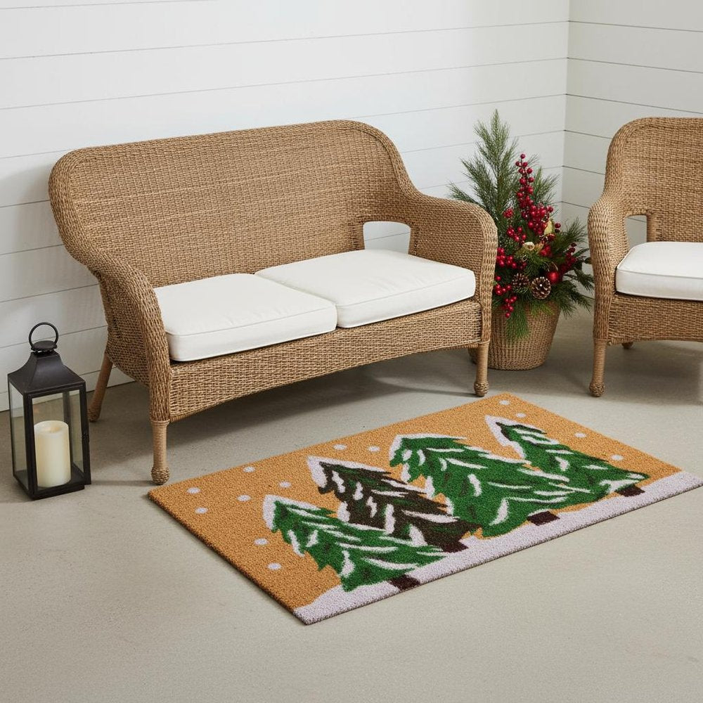 17" X 29" Natural and Green Coir Christmas Trees Outdoor Christmas Door Mat